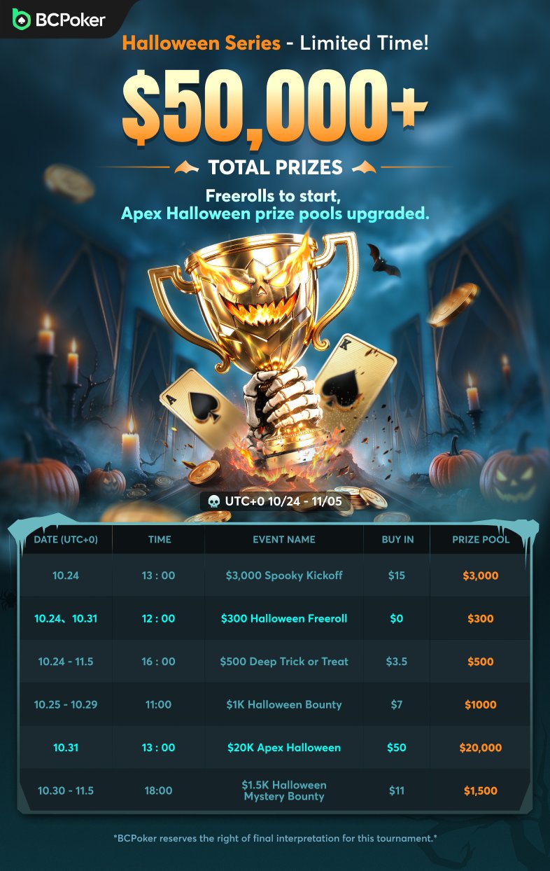 BCPoker Halloween Series full tournament schedule, October 24 to November 5