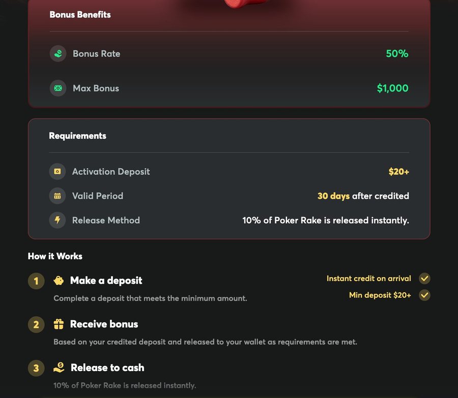 BCPoker Welcome Bonus details: 50% rate, $1,000 max, $20 minimum deposit, 30 days