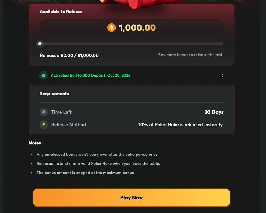 BCPoker Welcome Bonus in progress: released amount, time left and release method