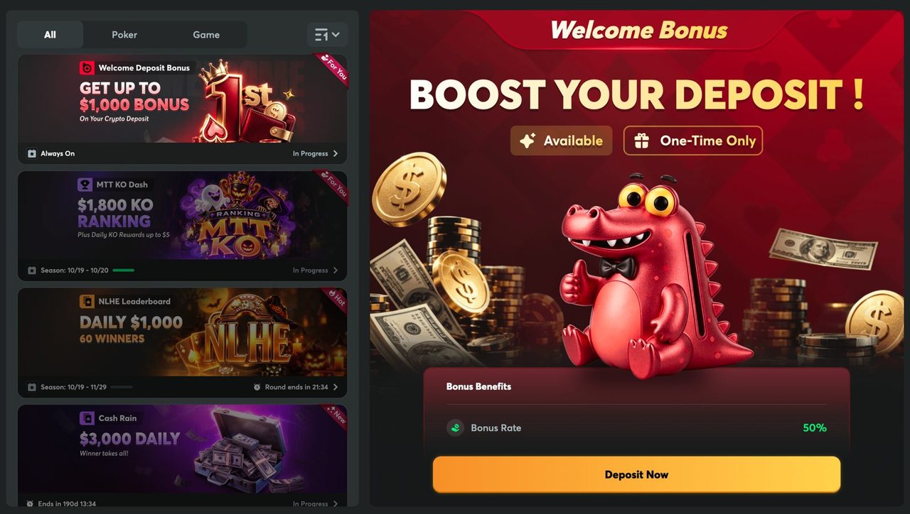 BCPoker Promotions page with the Welcome Deposit Bonus at the top