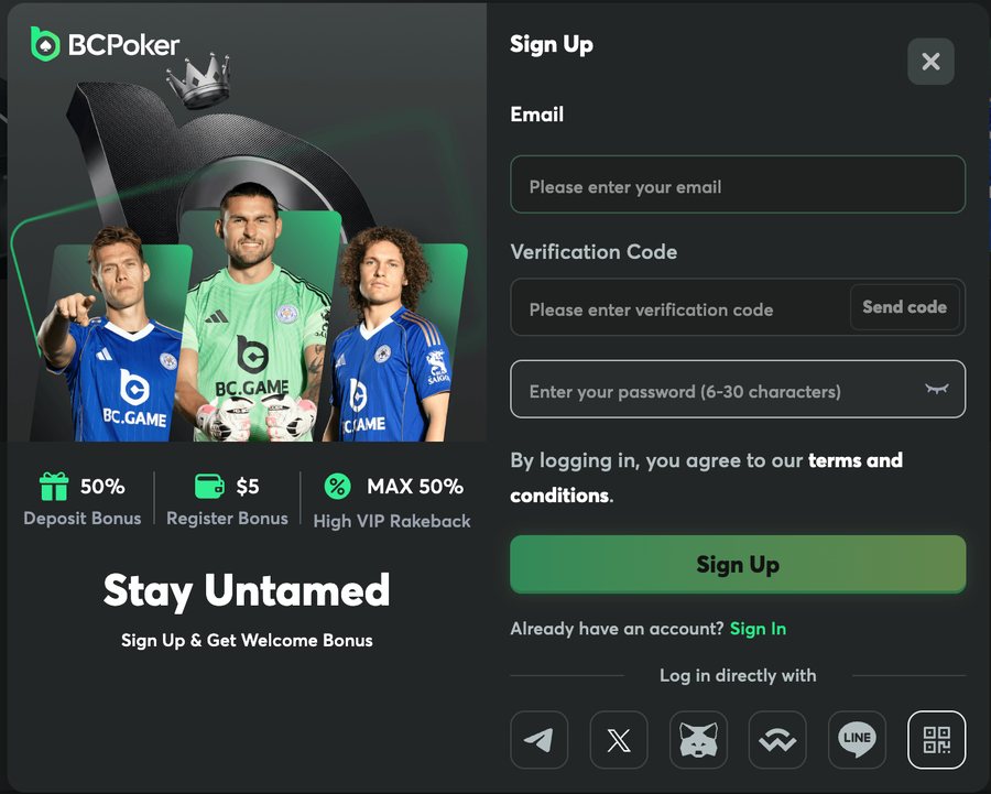 BCPoker sign-up screen: 50% deposit bonus, $5 register bonus, up to 50% VIP rakeback