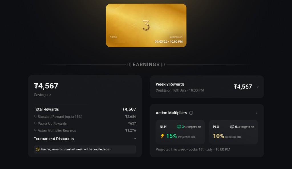 3-Bet Club member dashboard showing earnings, weekly rewards, and Action Multiplier progress