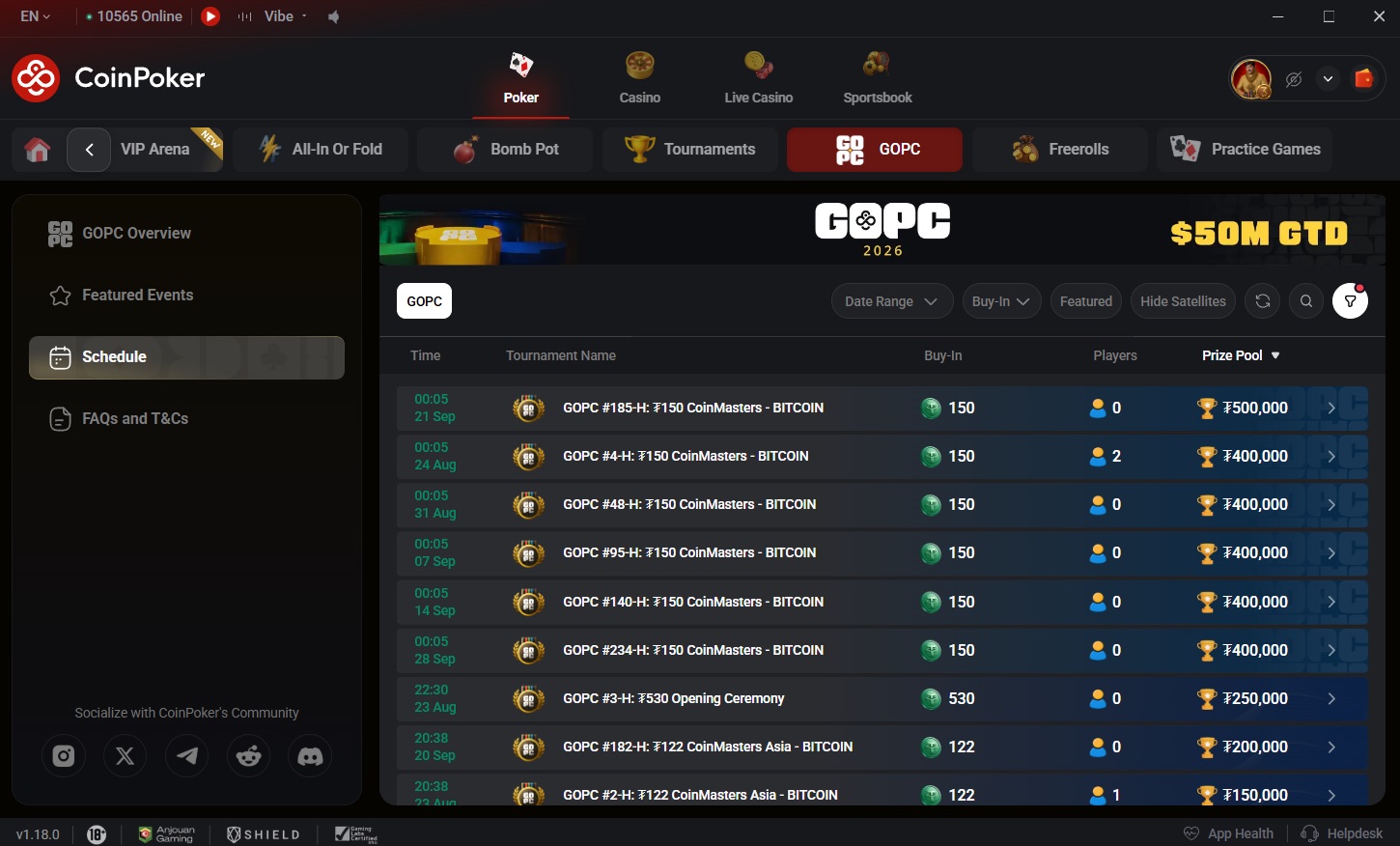 CoinPoker app showing the GOPC 2026 schedule tab with $50M guaranteed